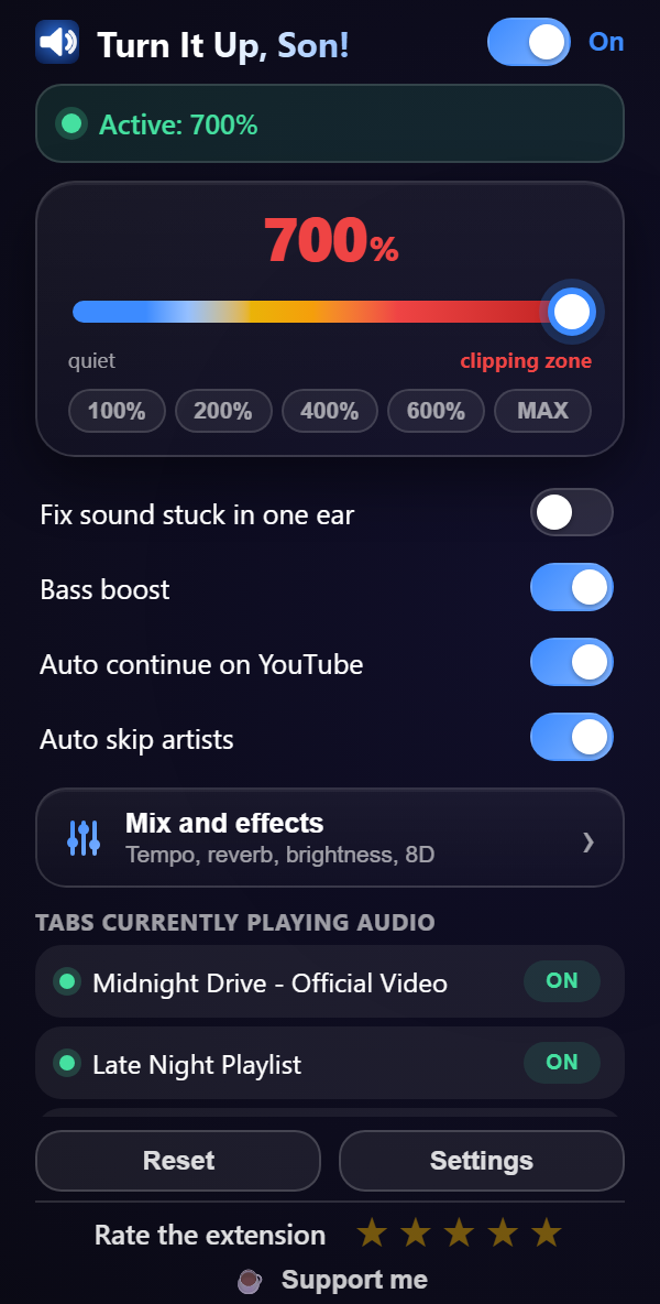 Turn It Up, Son! popup with the volume slider at 700%