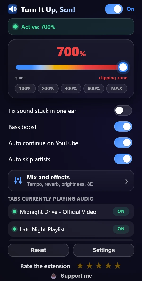 Turn It Up, Son! popup with the volume slider at 700%
