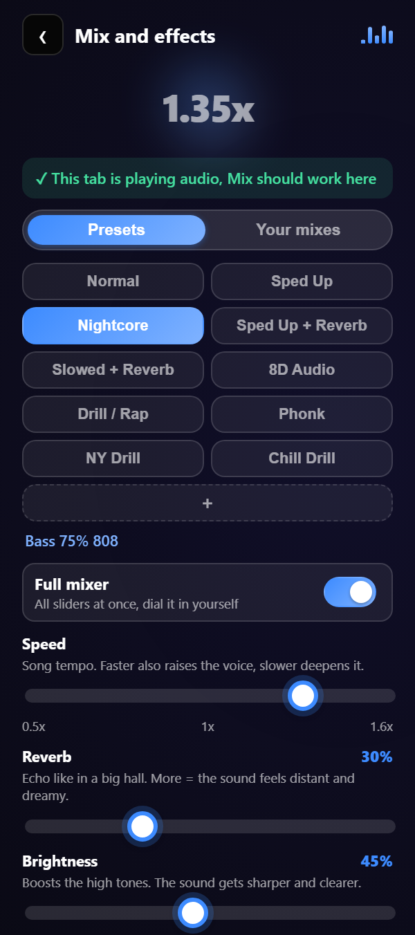 The Mix panel with presets and sliders