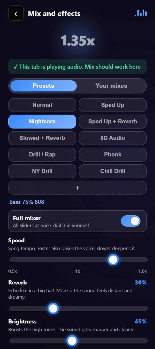 The Mix panel with presets and sliders