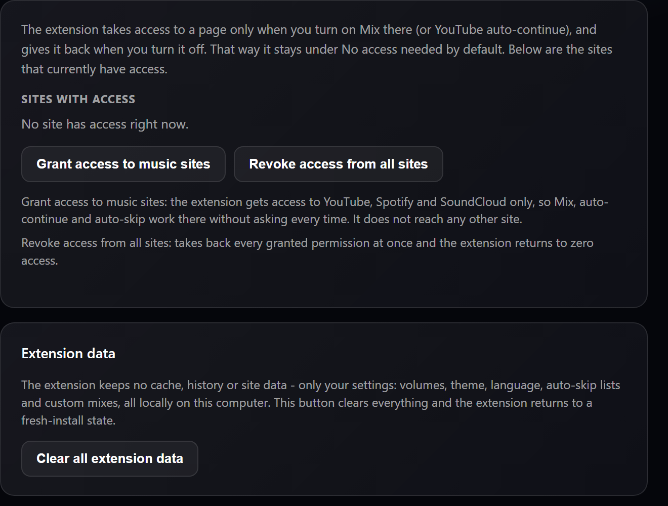 Privacy settings with site access and the wipe button