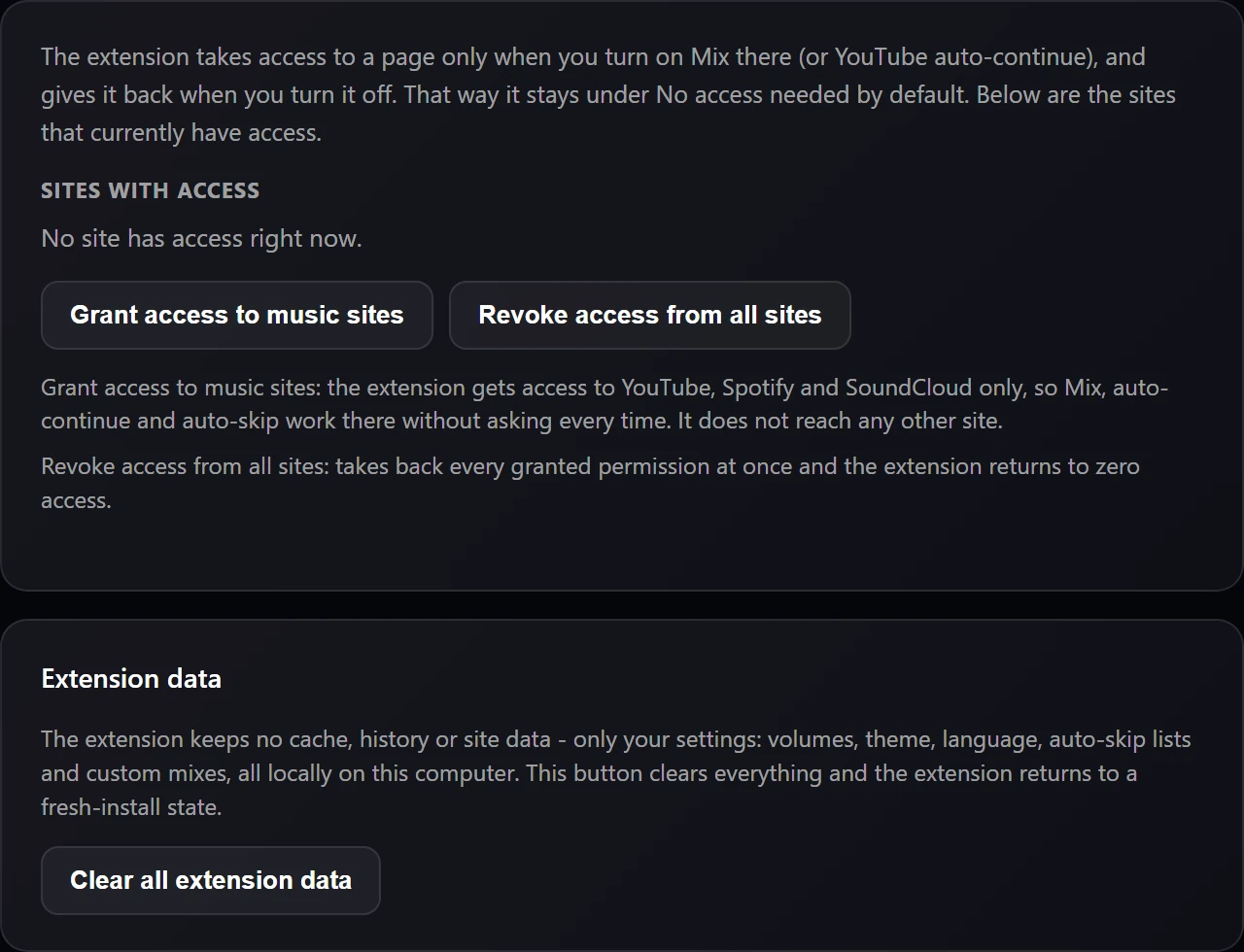 Privacy settings with site access and the wipe button