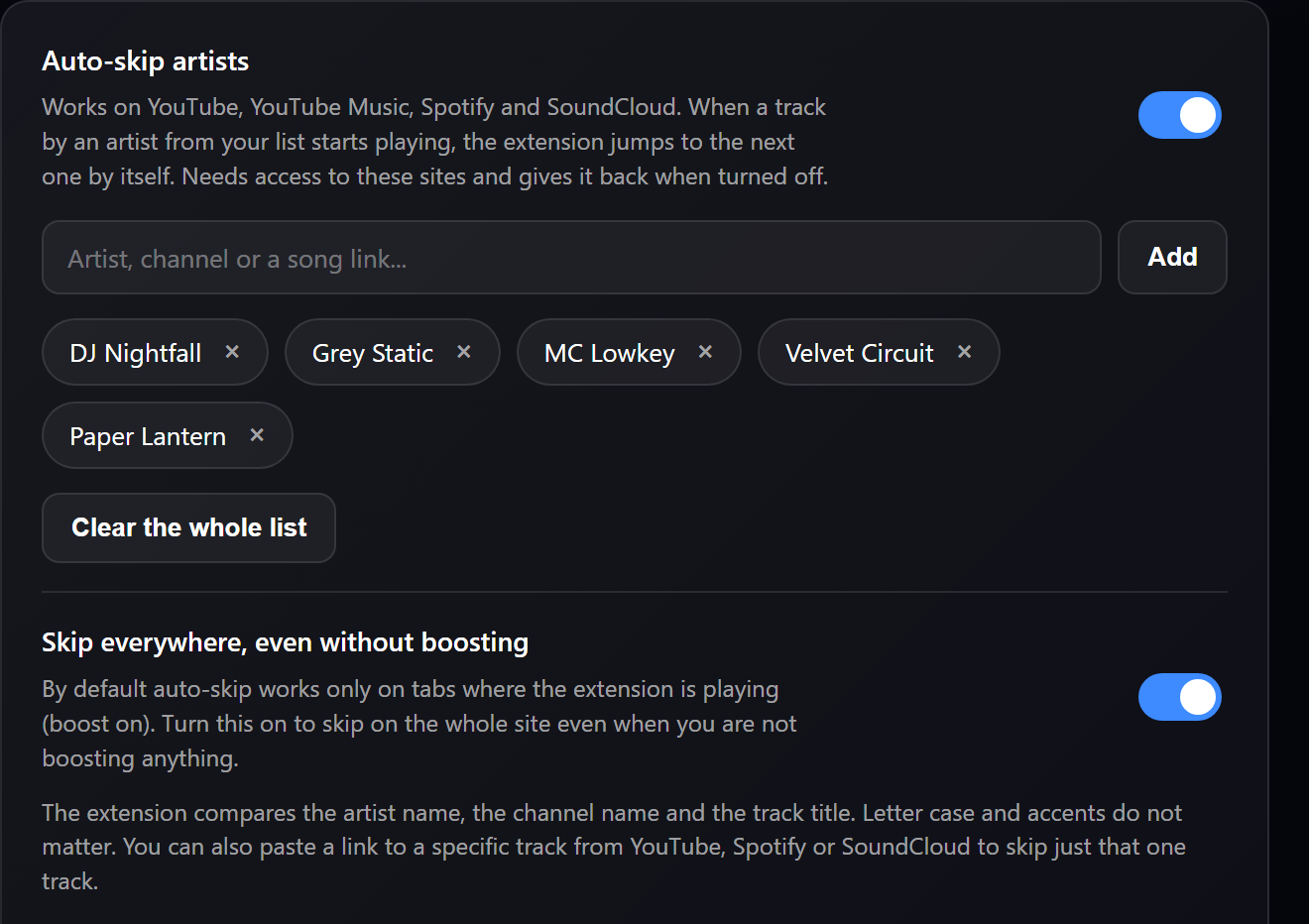 Auto Skip list in the settings