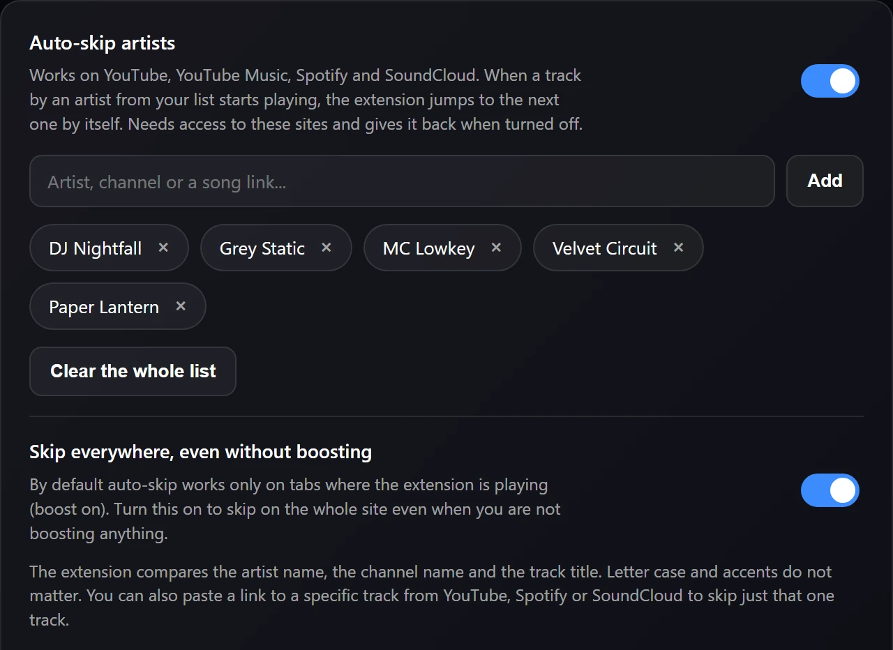 Auto Skip list in the settings